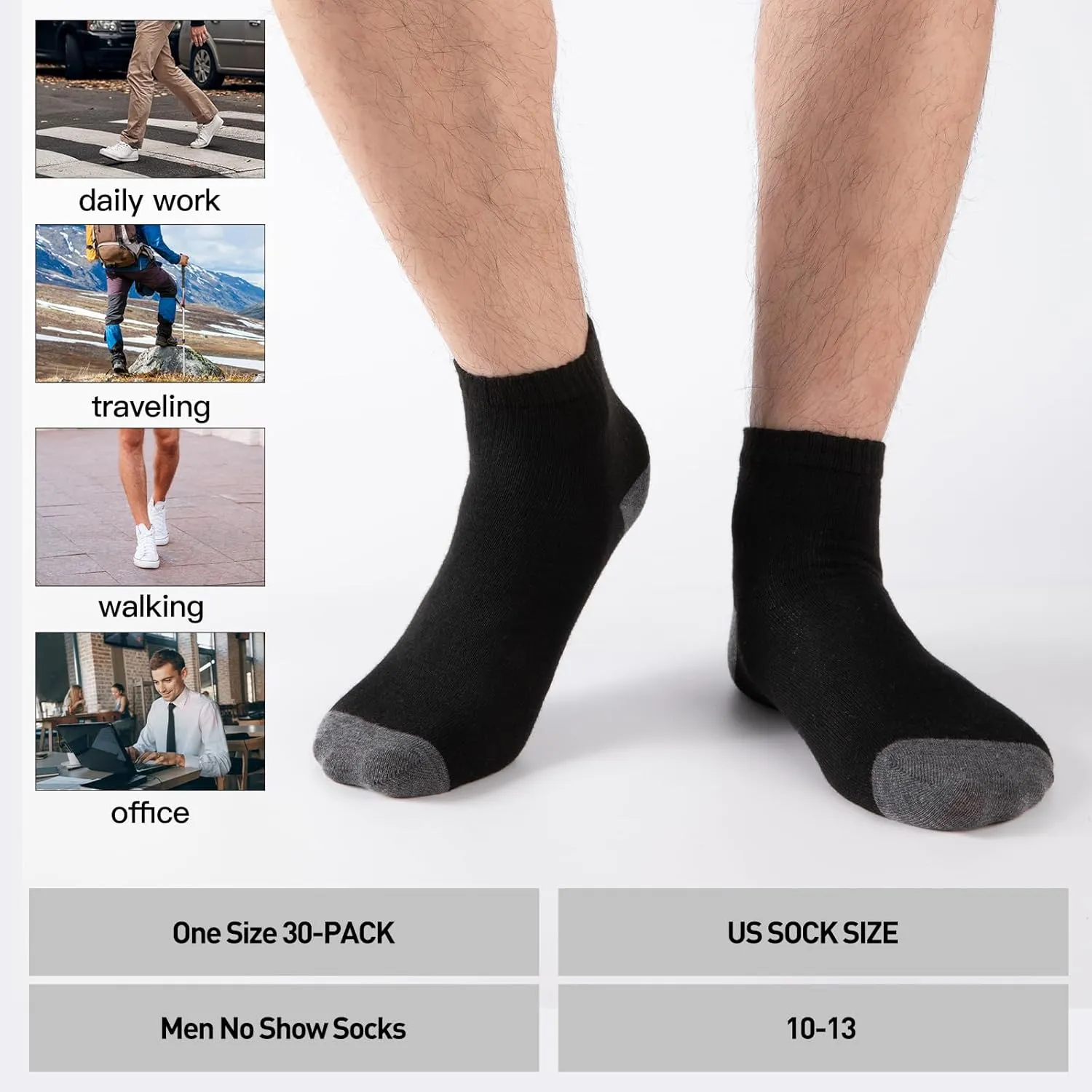 30 Pairs Ankle Socks For Men/Women - Breathable Mens Socks Size 10-13 Mini Crew Quarter Sock Value Pack in Bulk