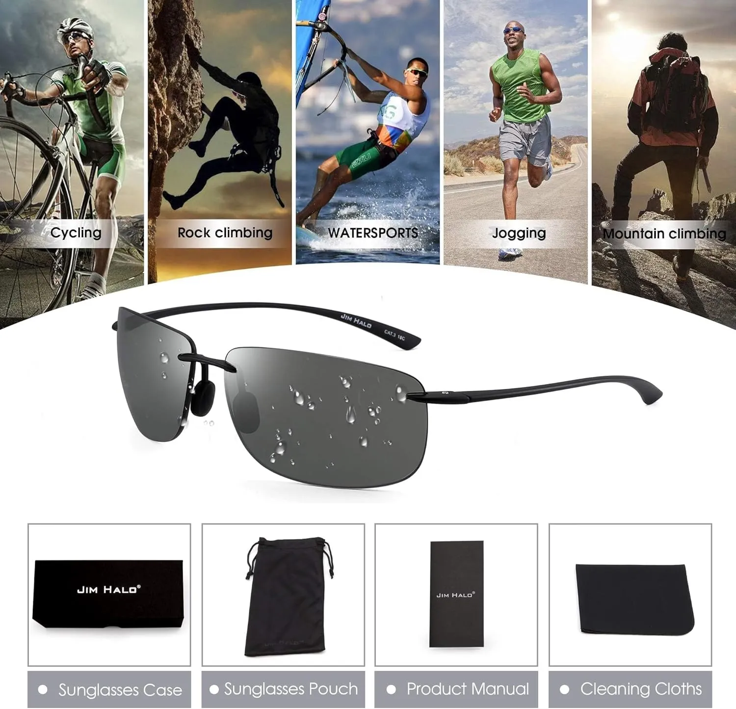 JIM HALO Sport Sunglasses for Men Women TR90 Rimless Frame for Running Fishing Cycling Driving