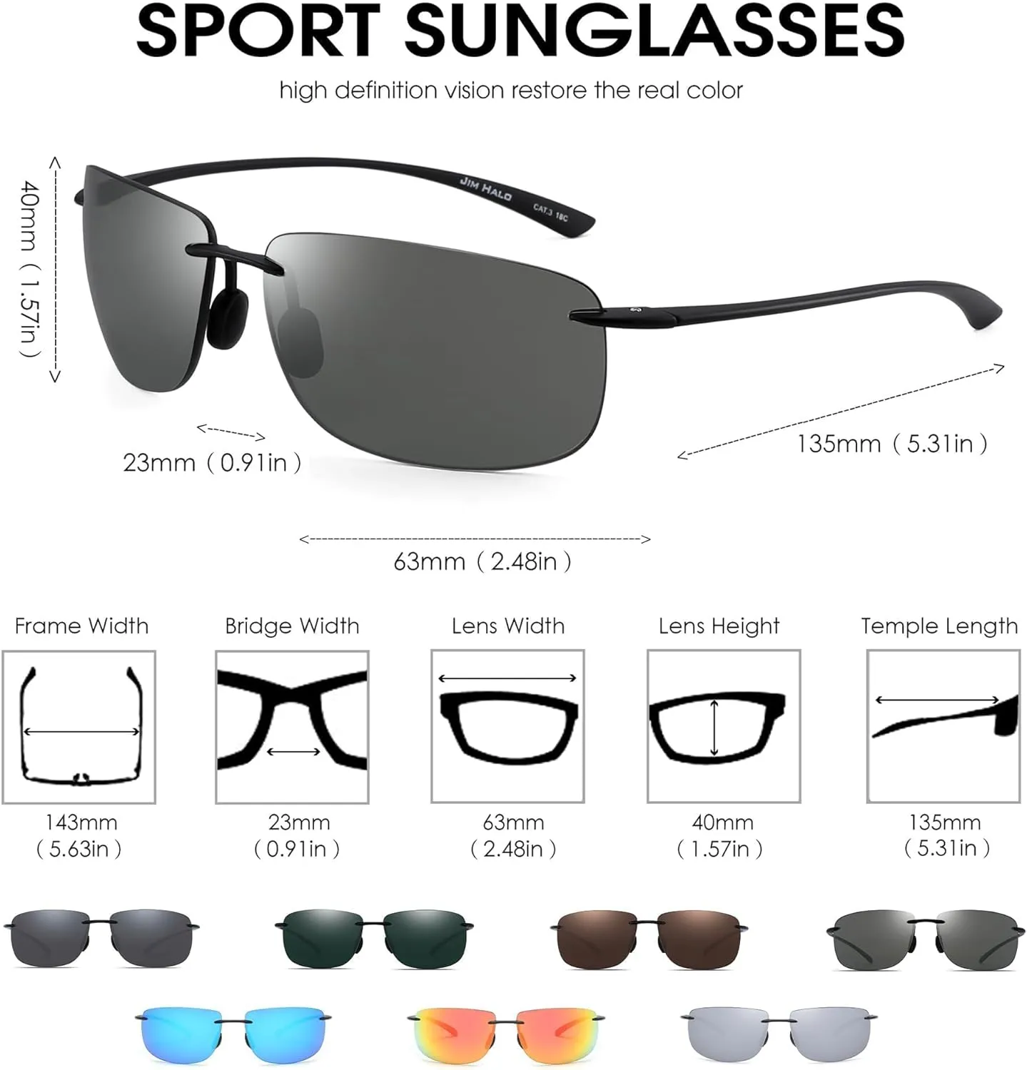 JIM HALO Sport Sunglasses for Men Women TR90 Rimless Frame for Running Fishing Cycling Driving