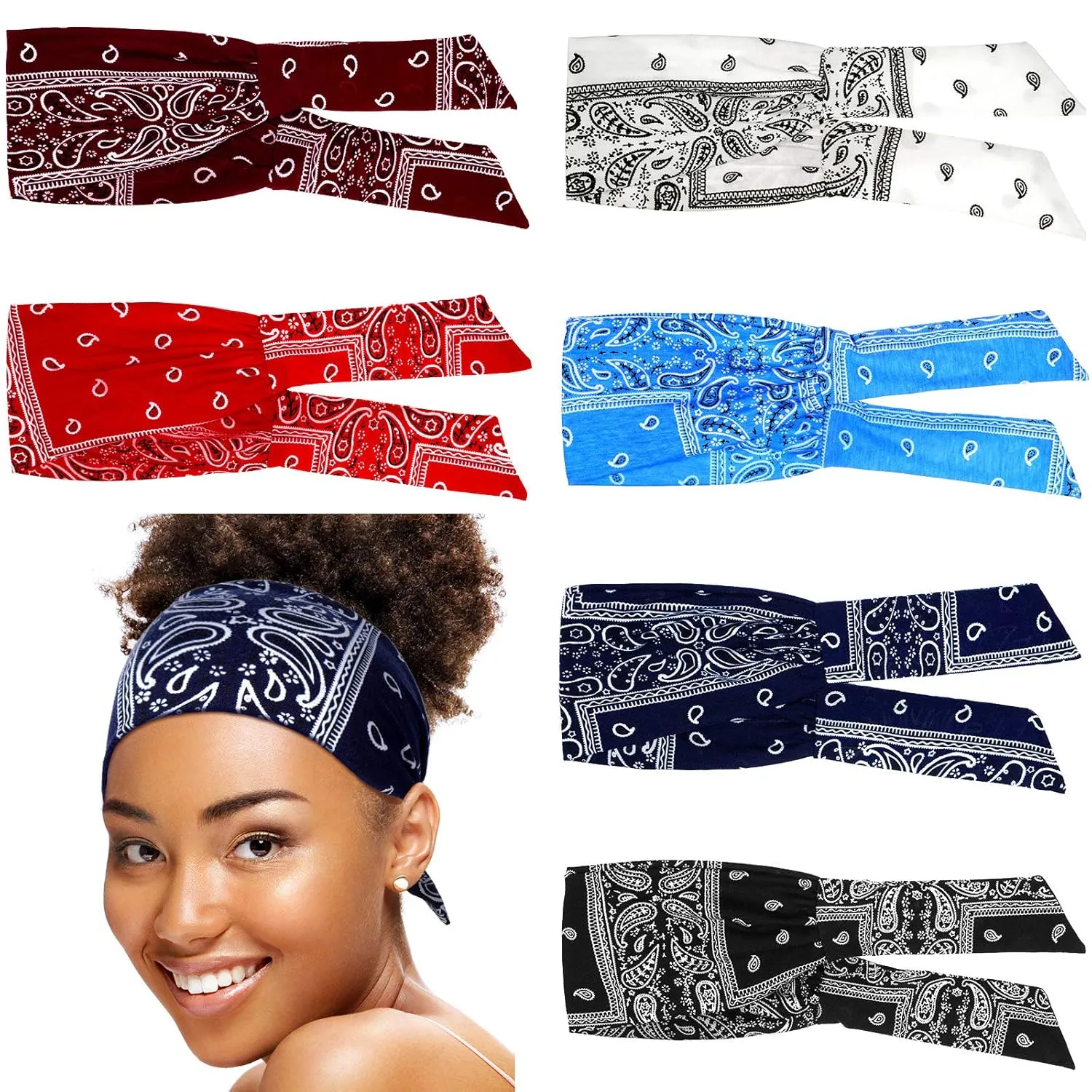 WILLBOND 6 Pieces Wide Headbands for Women, Adjustable Bandana Headband Tie, Knotted African Hairband, Yoga Elastic Non Slip Floral Hairbands for Running Hiking Cycling Workout(Paisley Patterns)
