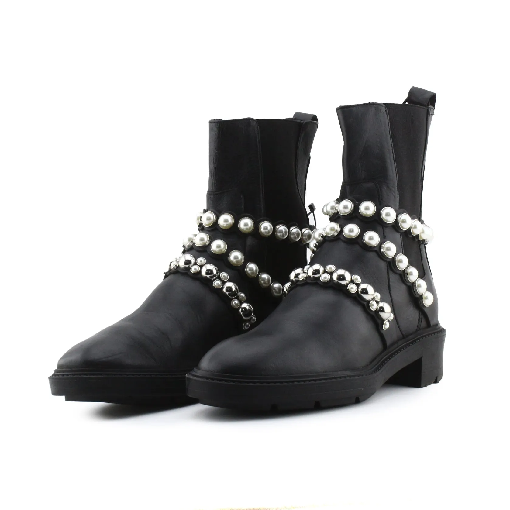 Zara Stretchable Pearl Strapped Ankle Boots | 100% Authentic Leather